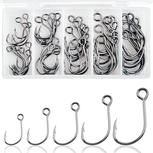 Inline Single Hooks Kits,50/100 Pieces Single Replacement Hooks for Lure Plugs Baits High Carbon Steel Inline Circle Hooks Large Eyes Saltwater&Freshwater - color: 50pcs Kit