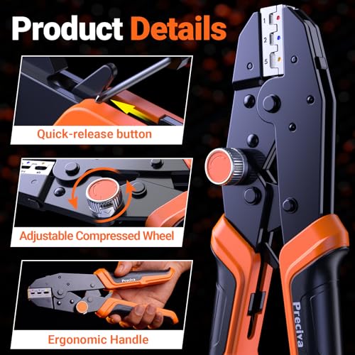 Preciva Crimping Tool Kit with 6 Interchangeable Jaws, Adjustable Ratchet Crimper with Pressure Knob, 361pcs Terminals, Ergonomic Handle & Storage Case – MC4 Crimping Tool for Electrical Work - size: 361