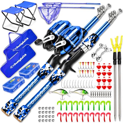 DaddyGoFish Kids Fishing Pole - Rod Reel Combo Tackle Box Starter Set - First Year Small Dock Gear Kit for Boys Girls Toddler Youth Age Beginner Little Children Junior Anglers - color: 2 Pack- Blue + Blue (Complete Set), size: 5ft