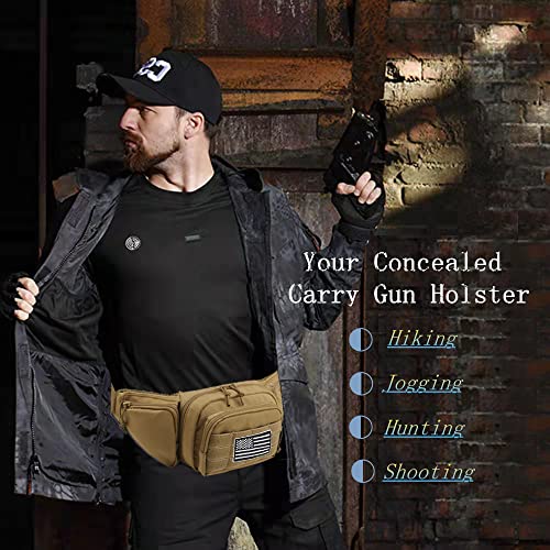 Tactical Fanny Pack Gun Holster Concealed Carry Pistol Military Tactical Waist Bag Waterproof Molle EDC Pouch with USA Flag Patch - color: Tan