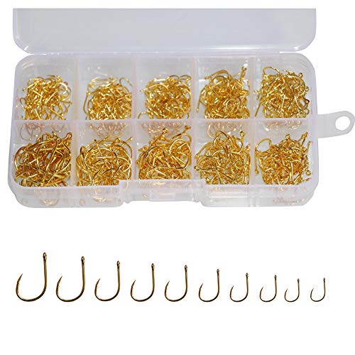 300pcs Small Fishing Hooks Black High Carbon Fishing Hooks Set 6 Sizes with a Plastic Box - color: 500pcs Gold