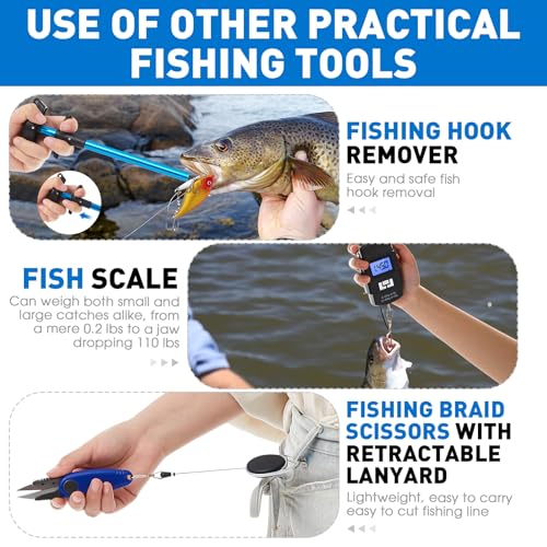RoundFunny 10 Pcs Fishing Tool Kit, Fishing Pliers with Lanyard and Protective Sheaths, Landing Net, Fillet Knife, Fish Scale, Gripper, Hook Remover, Braid Scissors, Gloves for Men Dad Gift - color: Blue