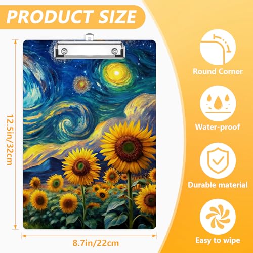 Sunflower Clipboard, Starry Night Decorative Clip Board with Metal Clip Cute Plastic Clipboards A4 Standard Size 8.5" x 12.5" for Nurses, Students, Office - color: Sunflower