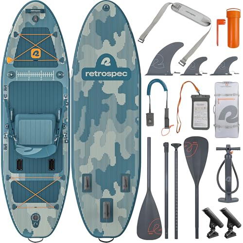 Retrospec June Nano Kids Inflatable Fishing Paddle Board SUP Kayak: 9'6" Hybrid Paddleboard with Rod Holders, Removable Seat - Lightweight Portable Youth Fishing Board - color: River Rock Legacy