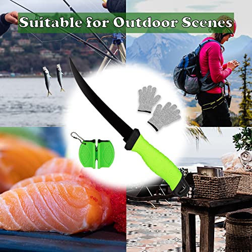 Fillet Knife, 7 Inches Professional Filet Knife for Fish, Stainless Steel Blade Fishing Knifes with Sharpener and Cutting Resistant Gloves, Fishing Stuff, Fishing Accessories, Green - color: Green