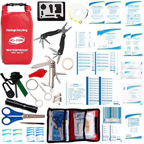 Boat First Aid Kit with Survival Tools, 123pcs Waterproof Emergency Marine Kit with Buckles, Compact Boat Safety Accessories for Fishing Kayaking Boating Camping Rafting Beach Red - color: Ws014-red