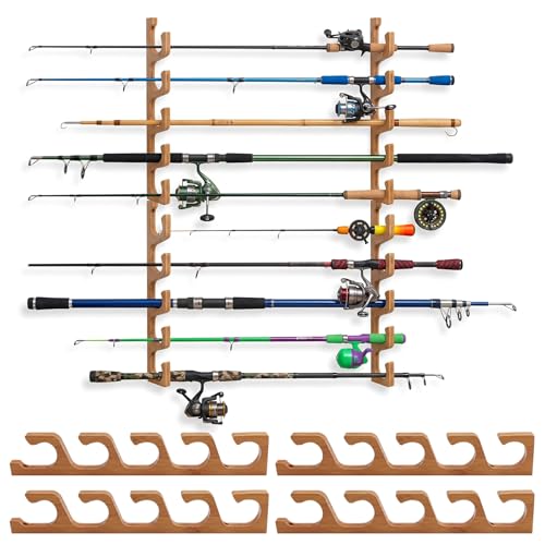 SMMYMGF Wall Mount Fishing Rod Holder,Garage Ceiling Storage Racks | Space-saving garage organization,Scratch-free rod protection,Fast & easy installation,Durable solid wood, Perfect gifts - color: store 10 fishing rods or combos