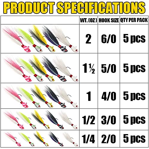 Bucktail-Jigs-Saltwater-Hair-Jigs-Head -Fishing-Lures-Assorted Kit - color: Assortment 5 Pack（5 colors）, size: 2oz (56g)