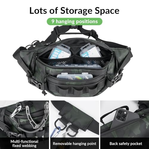 THKFISH Fishing Waist Pack, Fishing Tackle Bag Waterproof Fanny Pack for Women & Men Portable Sling Bag - color: Green Camo-REGULAR