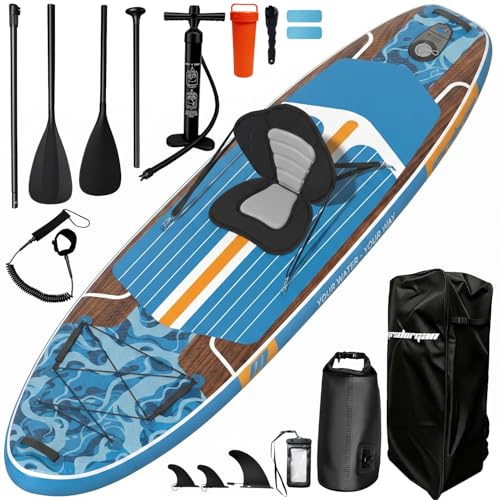 11ft Inflatable Stand Up Paddle Board, Wood Grain Ultra Lightweight SUP, 430lb Capacity for Adults Youth Family, for Fishing Surfing Camping, Includes Backpack & Pump - color: Blue Grained Walnut Wood with Seat
