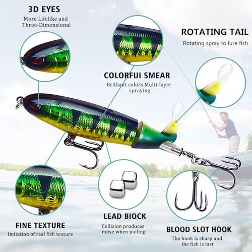 Topwater Fishing Lures With Storage Box, Whopper Popper for Bass, Catfish, Pike, Perch - Floating Pencil Bait With Rotating Tail for Freshwater or Saltwater - color: Yellow