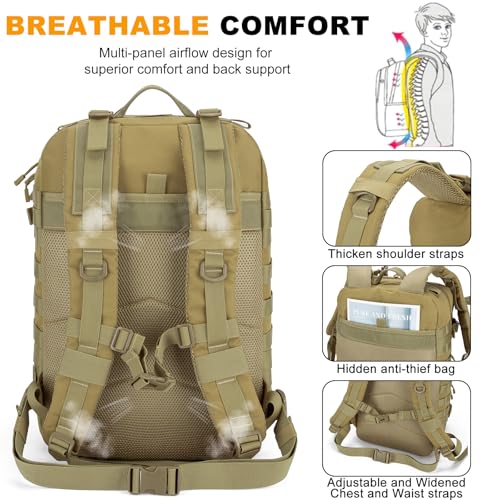 Tactical Backpack 45L Army Military Rucksack, Water Resistant MOLLE Pack, Large 3 Day Bug Out Bag for Men & Women, Durable Outdoor Gear for Hiking, Camping, Hunting, Travel (Khaki) - color: Khaki