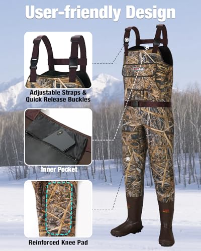 HISEA Womens Chest Waders, 4.5mm Neoprene Leopard Hunting Wader for Women with Insulated Boots, Waterproof Fishing Waders - color: Next Camo, size: 9