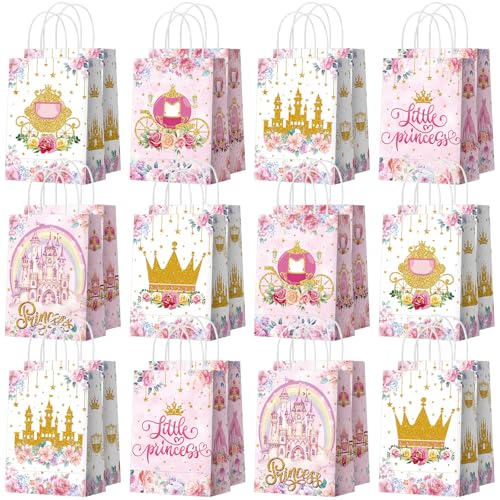 Kosiz 24 Pcs Princess Party Favors Bags Paper Little Princess Gift Goodie Bags with Handles Pink Floral Castle Crown Carriage Candy Treat Pouch for Girls Birthday Baby Shower Party Decoration Supplies - style: Princess