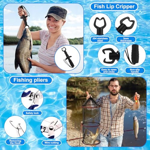 51 Pcs Fishing Rods Combo 6.89ft Telescopic Freshwater Pole Set with Plier Lip Gripper Lures Carrier Bag Pre Loaded Spinning Reel with Freshwater Rod Reel Kit Father Men Gift - color: Brown