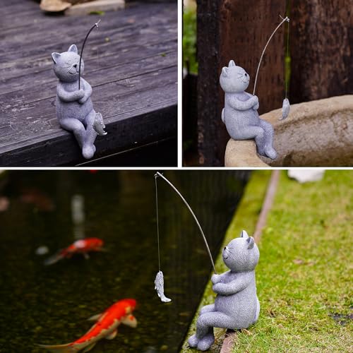 Goodeco Fishing Cat Garden Statue – 10" Little Cat Fisher for Garden Pond Decor, Poolside Statue with Glow in Dark Pebbles Included,Great Gifts for Mom, Women & Birthdays (Cat) - color: Grey Cat