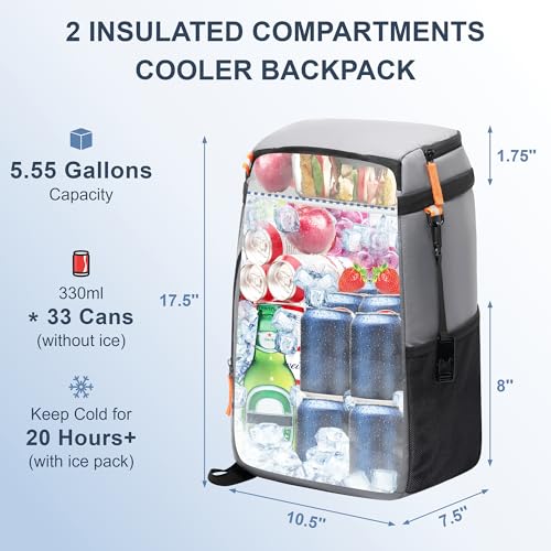 SPARTER Backpack Cooler Insulated Leak Proof 33/49 Cans, 2 Insulated Compartments Thermal Bag, Portable Lightweight Beach Travel Camping Lunch Backpack for Men and Women - color: Gray, size: 33 Can