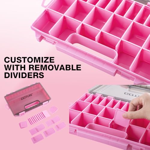 Goture Fishing Tackle Box Organizer - Transparent Fishing Organizer Box w/Measurement Ruler, Adjustable Dividers, Dual Latches | 2 Pcs 3600 Tackle Tray| Ergonomic Grip - color: C - Pink/Handle, size: 2pcs 3700