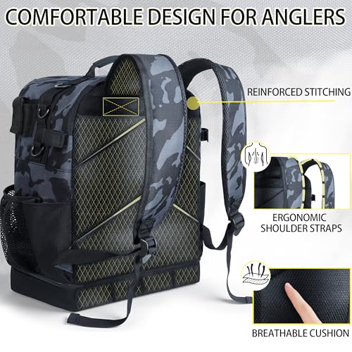 Fishing Backpack with Tackle Boxes,45L Large Tackle Bag with Cooler & Fishing Gear Kit,Waterproof Tackle Backpack for Gift with Fishing Lures, Fishing Pliers,Camouflage - color: Camouflage Black(with Fishing Gear)