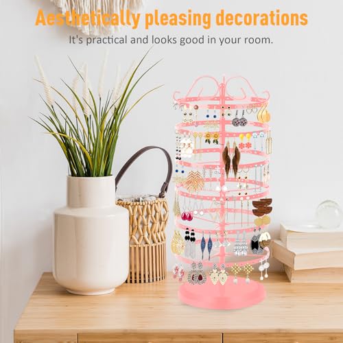 17Dec 6 Tier Rotating Jewelry Organizer Stand, 230 Holes Earring Holder Organizer for Women Girls, Spinning Earring Tree with Ring Holder, Wide Base for Bracelets Watches Lipstick - color: 6-Tier Earring Tower,Pink