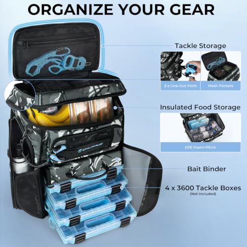 Calamus GearMaster Tackle Backpack with Bait Binder, Large Lightweight Water-Resistant Fishing Bag, Rod Holders, Food Storage - color: Black Camo