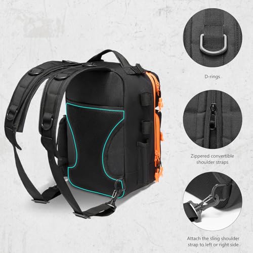 BASSDASH Convertible Fishing Backpack Sling Bag with Rod Holder, Adjustable Tactical Water-Resistant Tackle Storage Pack FP07 - color: Black/Blaze Orange, size: Large