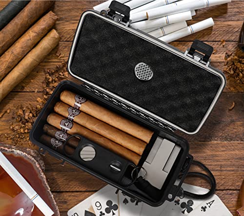 Travel Cigar Humidors Box Case with Cigar Accessories &Spanish Cedar &Humidifier &Cigar Cutter &Cigar Stand Cigar Punch Cutter Hold 12-15 Count Cigar Waterproof Case Crushproof, Airtight Seal Portable - size: store 12-15 cigars