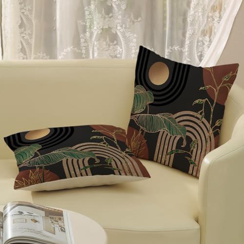 Boho Grey Rust Brown Pillow Covers 18x18 Set of 2 Gold Green Leaf Tropical Mid Century Throw Pillows Outdoor Bohemian Modern Decorative Pillowcase Farmhouse Cushion Case for Couch Sofa Decor - color: Mid Century-brown Background, size: 18" x 18" (Pack of