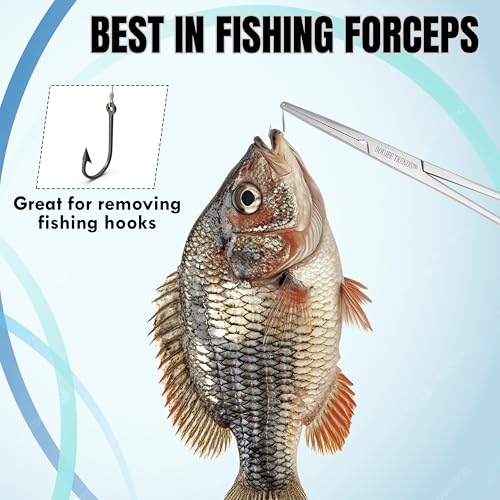 Hemostat Crile Forceps 5.5" Versatile Fishing Pliers Forceps, Stainless Steel, Multipurpose General Use Piercing Tweezer Long Serrated Jaws, Locking Mechanism, and Lightweight Design (1, Straight) - size: 1, Straight