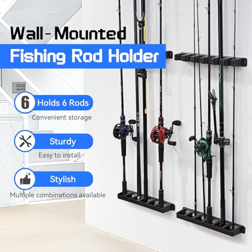 Fishing Wood Grain Rod Holder for Garage Fishing Pole Rack Vertical Wall-Mounted Stores 6 Rods or Combos Fits Most Rod Diameters Vertical 1 Pair - color: Wood Grain Vertical 1 pair