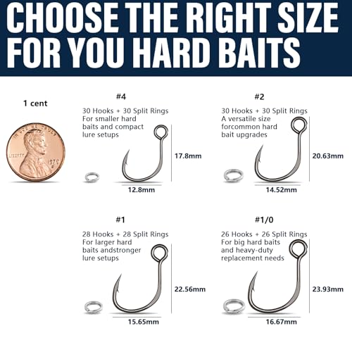 Inline Replacement Single Hooks for Hard Baits, Black Titanium Coated, Ultra Sharp & High-Strength, Includes Matching Split Rings — 4 Variants (#4-30 Pcs, #2-30 Pcs, #1-28 Pcs, #1/0-26 pcs) - color: #2-Inline-Single-Hooks, size: #2