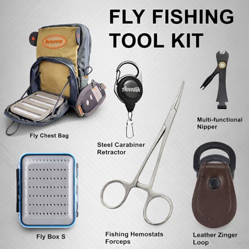 Aventik Fly Fishing Vest Tool Kit Fishing Gear with Fly Box Fly Fishing Forceps Nipper Retractor Fly Fishing Zinger Leader Straightener Beginner Fly Fishing Accessory Kit - style: Chest bag+H18SB+4in1