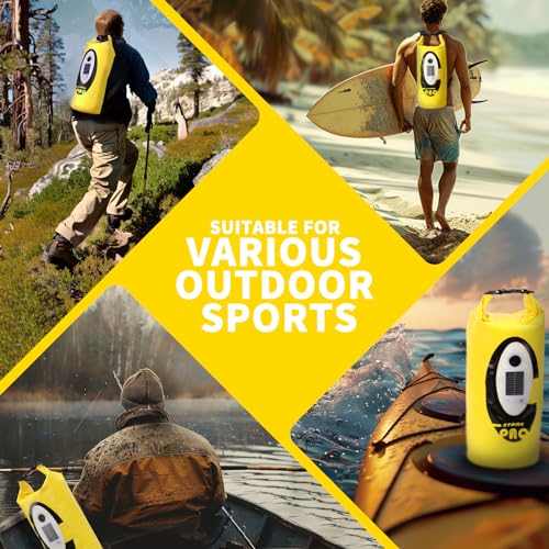FELICON Waterproof Dry Bag Backpack with Bluetooth Speaker, 10L Roll Top Floating Sack, Solar & USB-C Powered Emergency Charger, RGB Light, Heavy Duty PVC for Kayaking Camping, Yellow - color: Yellow, size: 10L