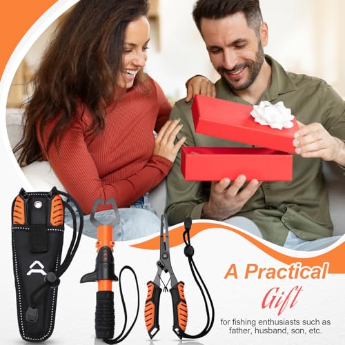 RoundFunny Fish Lip Gripper Pliers, Combo Fishing Tool Kit Stainless Steel Multifunction Hook Remover, Split Ring Pliers with Lanyards Sheath for Fly, Easter Fishing Basket Gift Gear Men Women - color: Orange