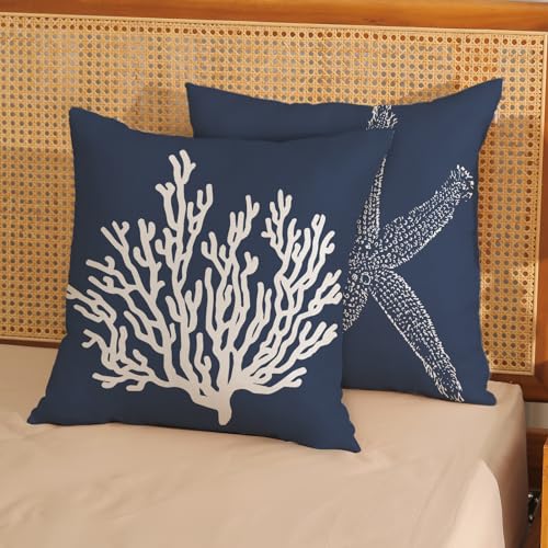 Blue Starfish Pillow Covers 18x18 Inch Set of 2, Nautical Ocean Coastal Blue Coral Throw Pillows Spring Summer Decorations Linen Pillowcase Outdoor Decor Farmhouse Cushion Case for Home Holiday - color: Navy Blue Starfish Coral, size: 18" x 18" (Pack of 2