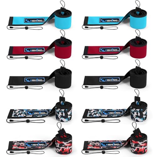Neoprene Fishing Rod Sleeves for Casting, Spinning, Trolling Pole - Protective Cover Rod Sock with Hanging Loop & Lanyard- Floating, Puncture Resistant, Lightproof - size: 65", style: 10 Pcs