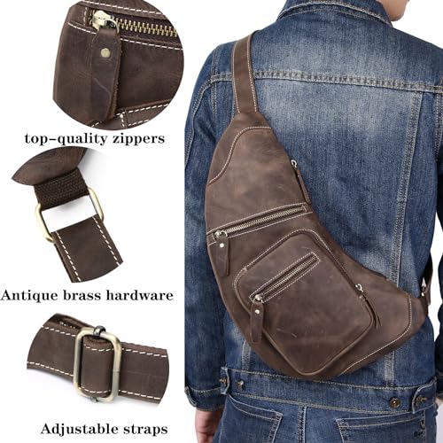 Genuine Leather Sling Bag for Men Women Shoulder Backpack Satchel Crossbody Chest Casual Outdoor Daypack - color: #01deep Brown