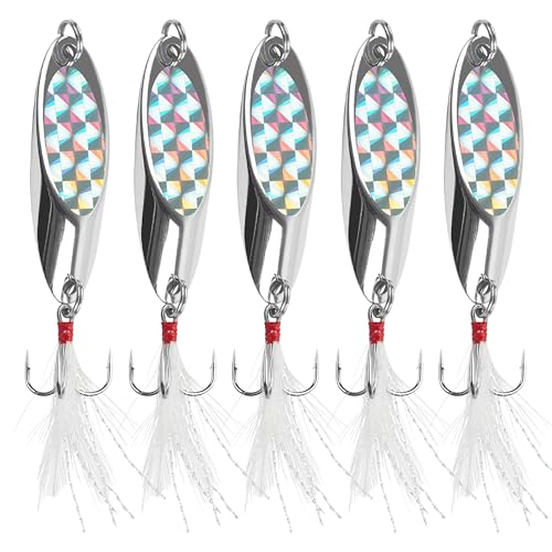 Fishing Spoon Lures, Hard Metal Spoon Fishing Lures Casting Trout Spoons with Treble Hook Jigging Spoon Bait for Bass Pike Trout Walleye Salmon Saltwater Freshwater - size: 14g(1/2oz)-5pcs, style: With Feather
