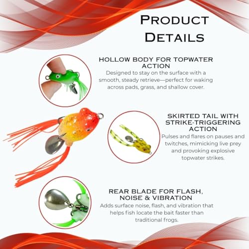 DeLong Bladed Topwater Frog Lure – 3.5” Weedless Double Hook Bass Frog – 5 Multi-Color Assortment Pack in Hard Case