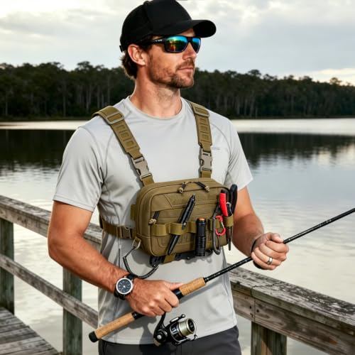 Outdoor Chest Bag for Men, Water-Resistant Fishing Chest Pack, Tactical Vest for Running, Cycling, Hiking - color: Khaki