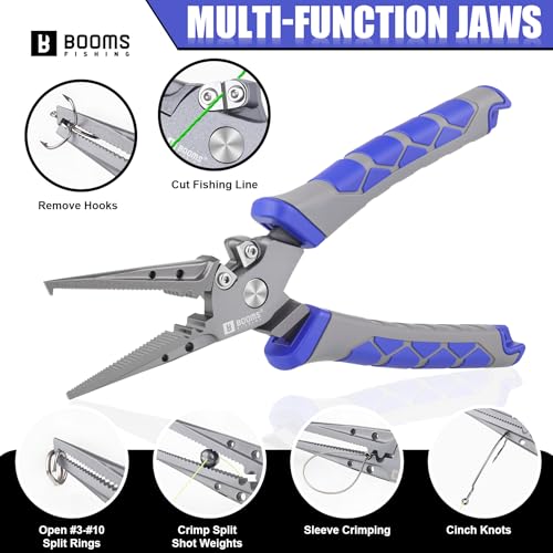 Booms Fishing Pliers Hook Remover: 7.5" Split Ring Pliers and Fish Hook Remover for Saltwater and Freshwater - Braid Line Cutter & Crimper with Lanyard - XW15 Multi-Function Fishing Tool for Angles - style: 7.5" fishing pliers