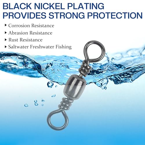 Fishing Barrel Swivels, 200pcs Rolling Ball Bearing Swivels with Solid Ring Fishing Tackle Accessories Hook Line Connector Copper with Stainless Steel Black & Gold Size 2 4 6 8 10