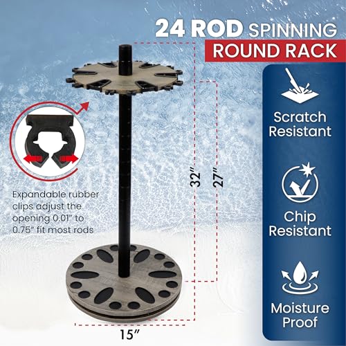 Rush Creek Creations Fishing Rod Holder - 360 Spinning Rack for Garage Organization and Storage, Pole Holder for Reels, Gear, Accessories, Tackle Box - color: Barn Wood, style: 24 Spinning