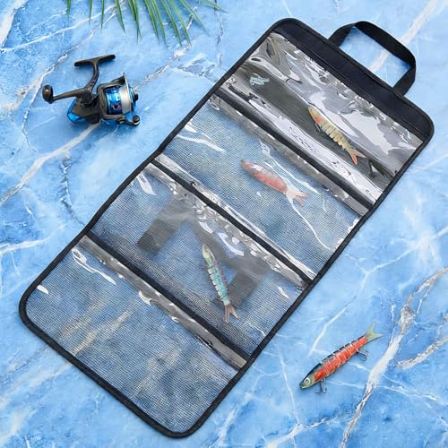 2 Pack 4 Pocket Lure Bag 29.1" x 14.2" Fishing Big Bait Bag Trolling Roll up Tackle Wrap Storage Organizer with Clear PVC Protective Cover for Lures, Bait, Terminal Tackle - size: 29.1" X 14.2"