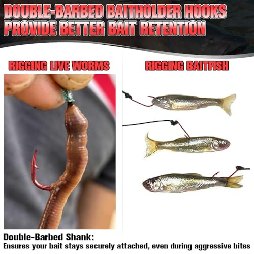 Baitholder Fishing Hooks 100 Pack - Double-Barbed Long Shank for Bluegill Bass Trout Walleye Black/Red, 8/0-#8 - color: 1-Red, size: Size:2 100-Pack
