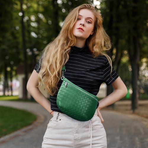 KALIDI Woven Crossbody Bags for Women Travel Vegan Leather Fanny Packs for Woman Cross Body Purse Fashion Belt Bum Bag with Wide Strap - color: Forest Green
