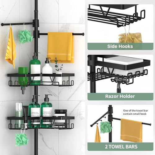 DAOYA Shower Caddy Tension Pole Corner with 4 Removable Baskets & 2 Towel Bar - Expandable Shower Caddy Corner Adjustable 25-114.2 Inches Upgraded Bath Organizer for Tub(Stainless Steel, Black) - color: Black-4