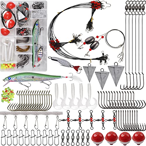 Saltwater Fishing Tackle Kit,131pcs Surf Fishing Gear with Saltwater Fishing Lures Fish Finder Rigs Pyramid Sinkers Hooks Swivels Wire Leaders Spoon Lure Bobbers Various Accessories