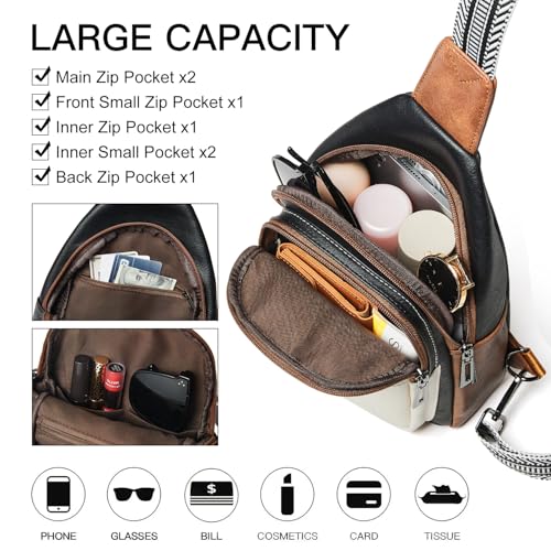 LATMAP 7L Sling Bag for Women Men Crossbody Belt Bag Small Travel Sling Backpack Anti Theft Chest Daypack Purse Faux Leather - color: Black and Beige With Brown