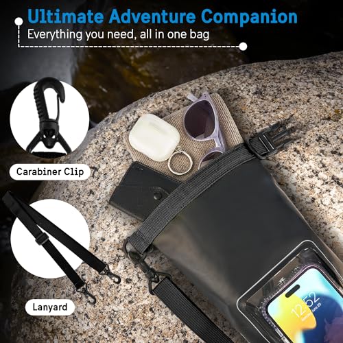 Pelican Marine IP68 Waterproof Dry Bag 2L with Phone Pouch/Case - Black | Roll Top Waterproof Backpack with Touchscreen Phone Pouch - Swimming, Kayaking, Camping, Rafting, Fishing & Travel Essentials - color: Stealth Black - 2L, size: 2L